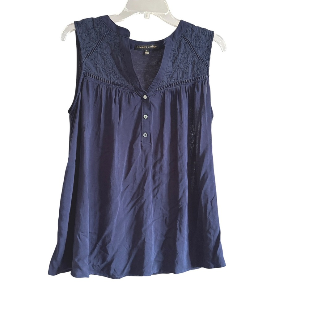 Always Indigo Navy Blue Embroidered Sleeveless Henley Tank Top L Layering Fall